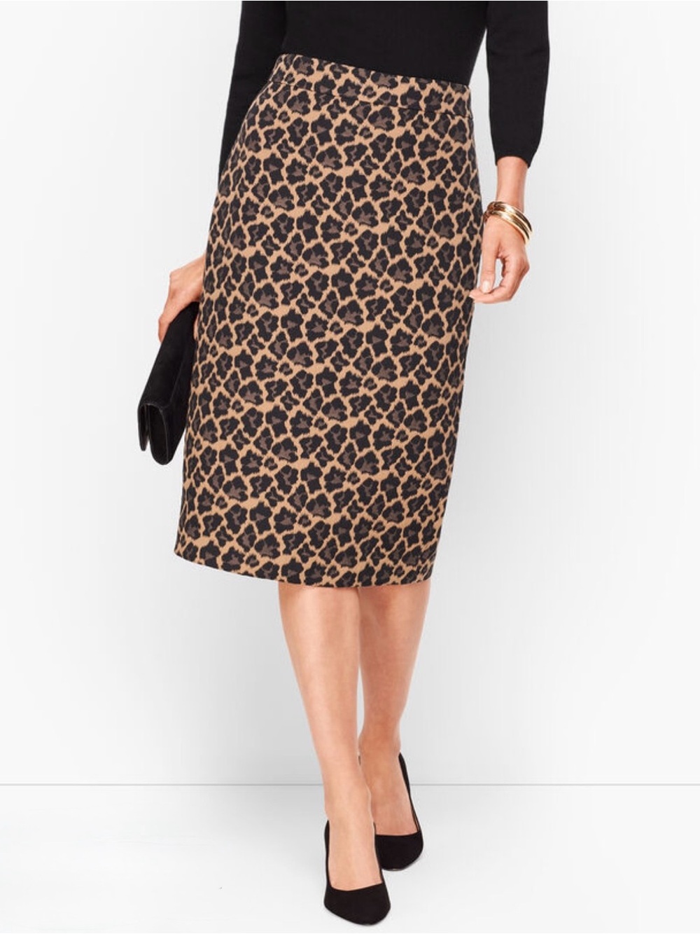 Talbot’s 14P Black Brown Animal Leopard Print Jacquard Pencil Skirt
